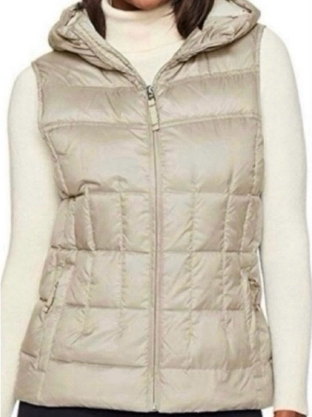 Prana Ivory-Beige Herringbone Down Fill Hooded Puffer Vest